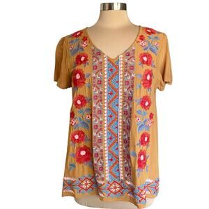 Andree by Unit Mustard Short Sleeve Floral Embroidered Blouse MEDIUM Bohemian